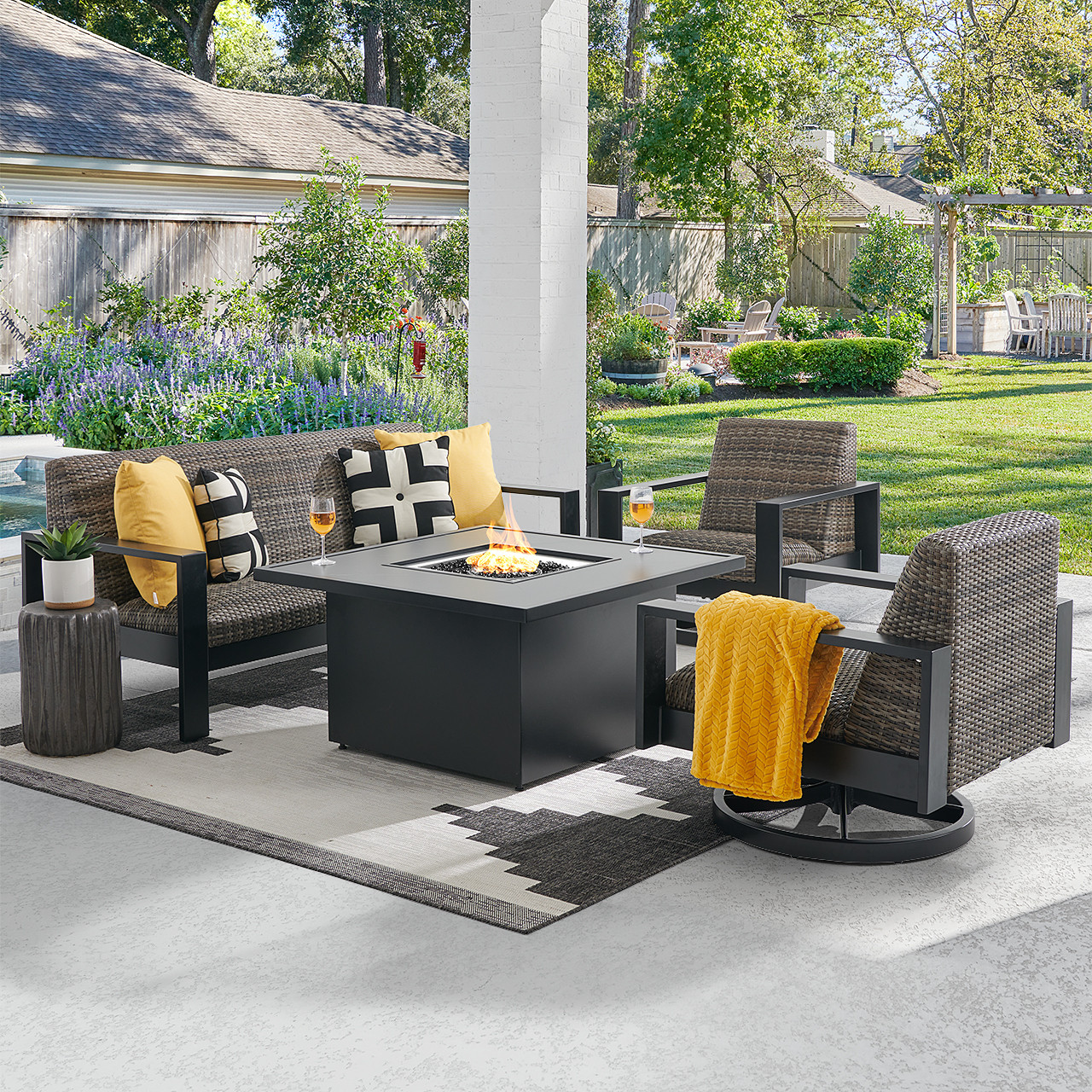 Chelsea Textured Black Aluminum and Weathered Teak Outdoor Wicker Concealed Cushions 4 Piece Swivel Sofa Group + 42 in. Sq. Fire Pit Table