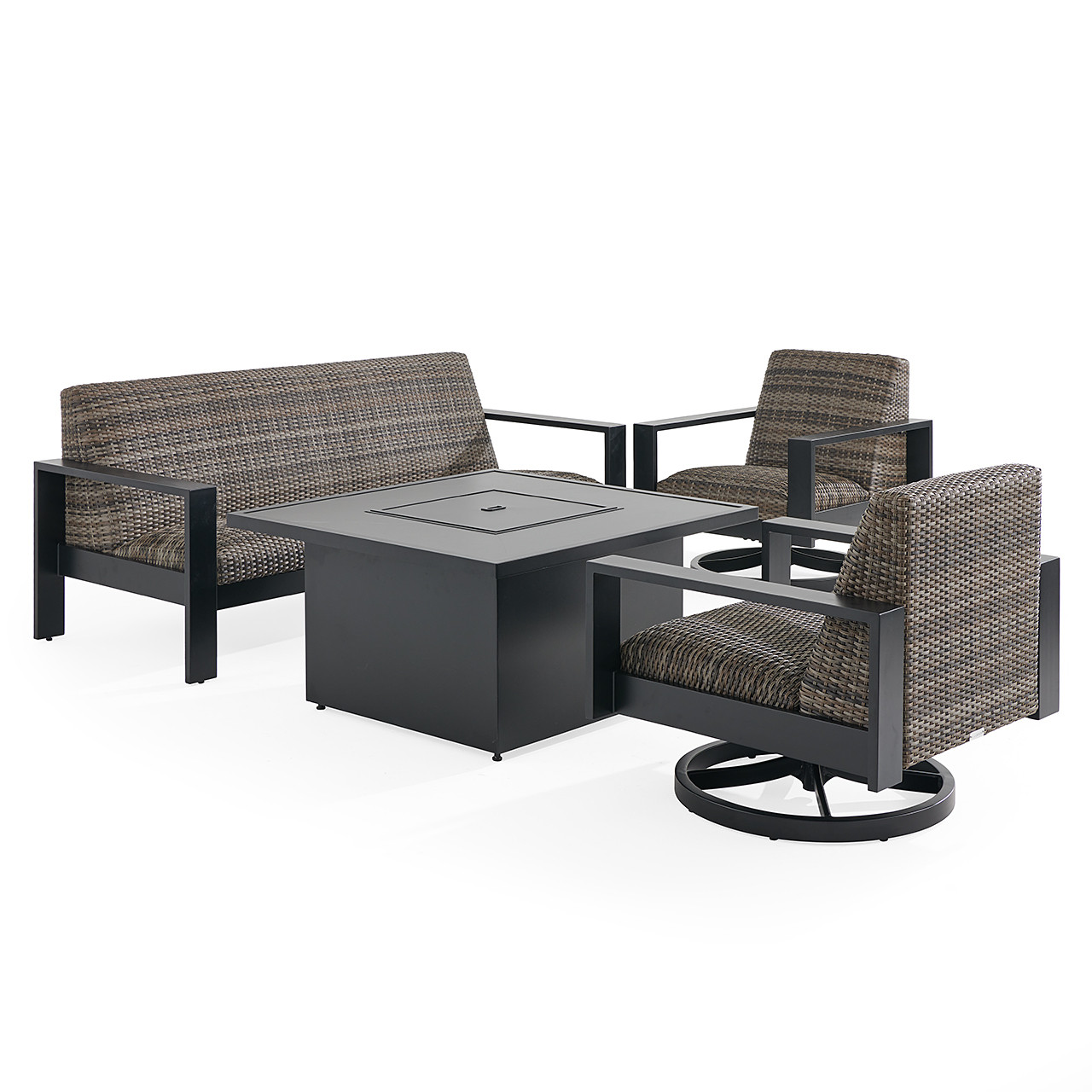 Chelsea Textured Black Aluminum and Weathered Teak Outdoor Wicker Concealed Cushions 4 Piece Swivel Sofa Group + 42 in. Sq. Fire Pit Table
