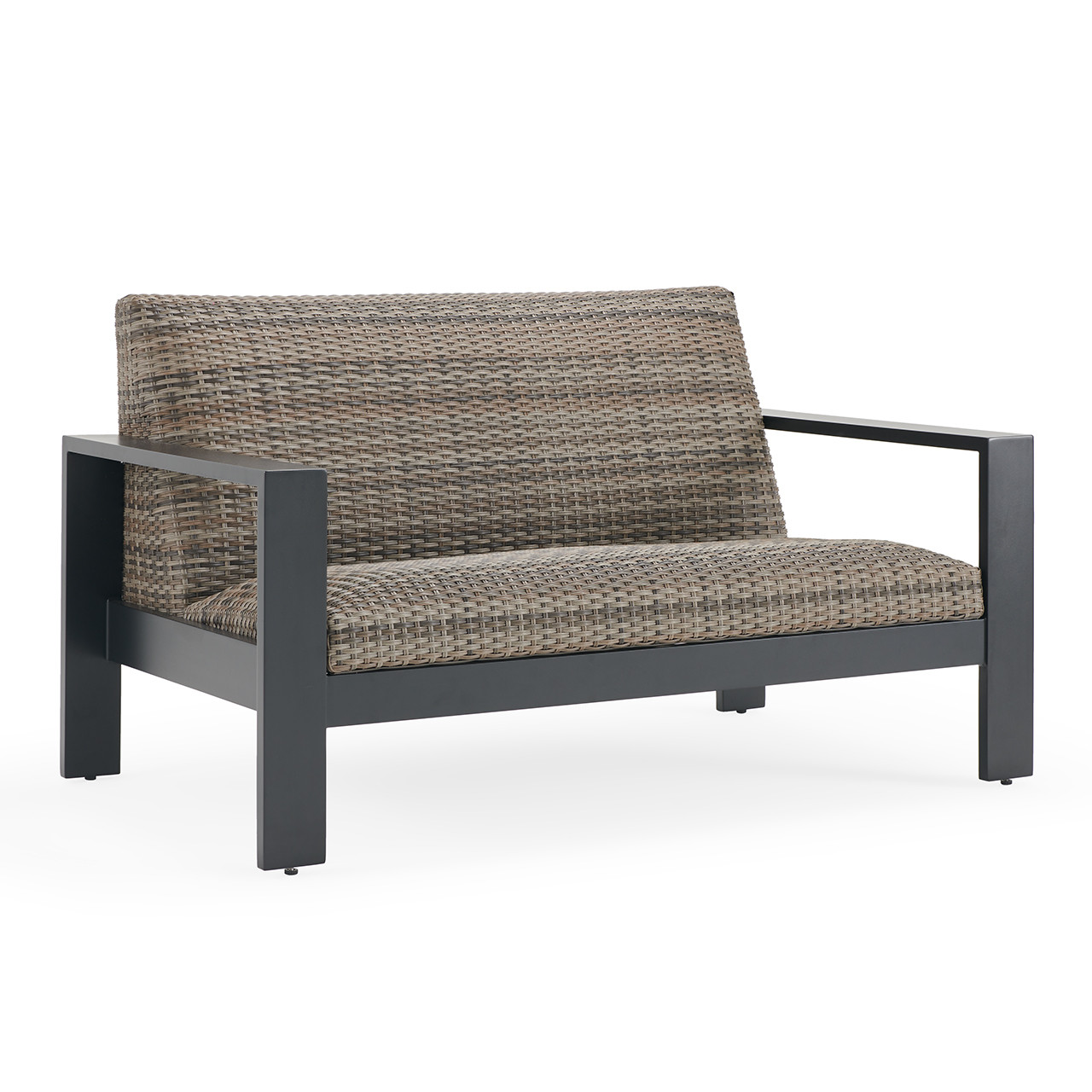 Chelsea Textured Black Aluminum and Weathered Teak Outdoor Wicker Concealed Cushions 4 Piece Loveseat Group + 42 in. Sq. Fire Pit Table
