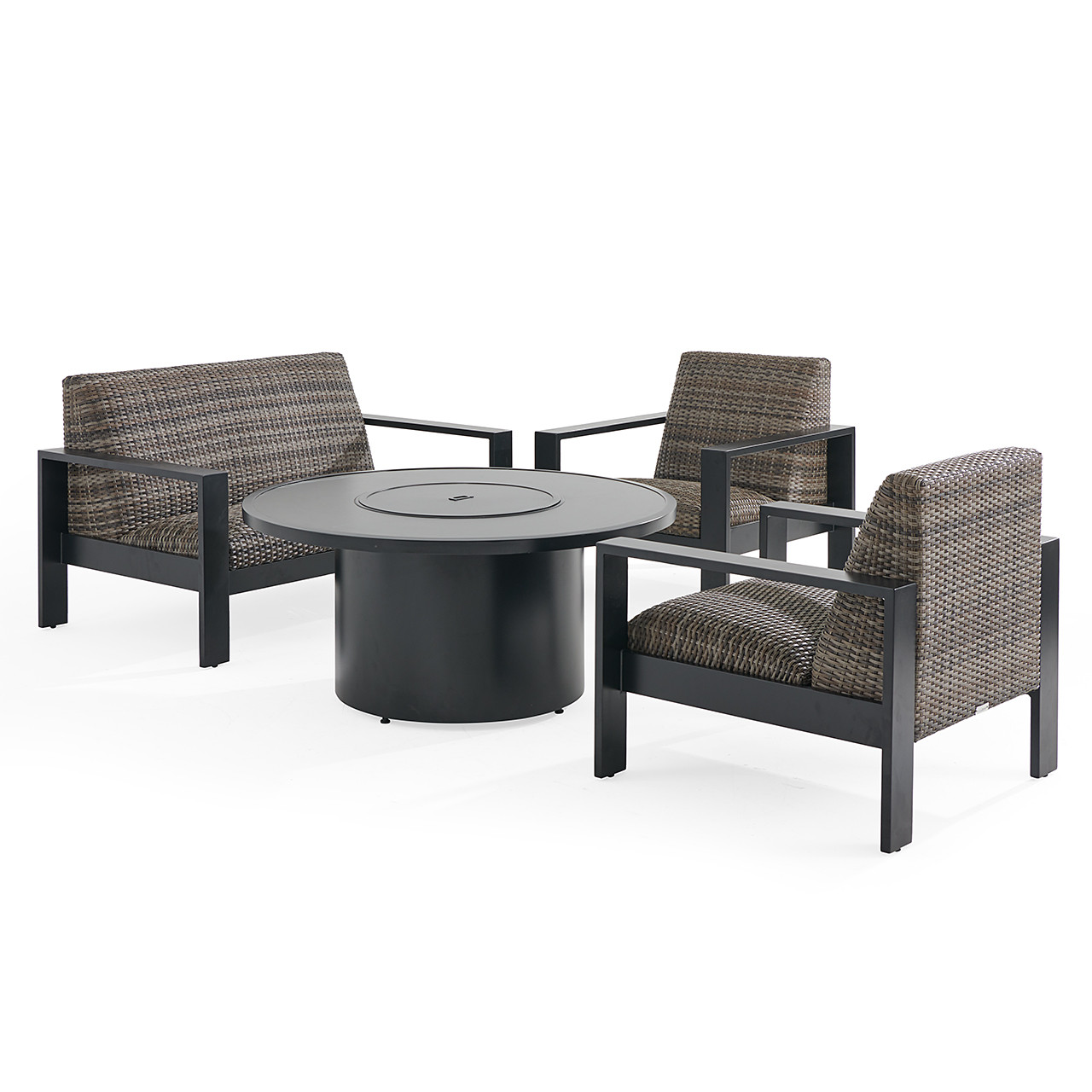 Chelsea Textured Black Aluminum and Weathered Teak Outdoor Wicker Concealed Cushions 4 Piece Loveseat Group + 48 in. D Fire Pit Table