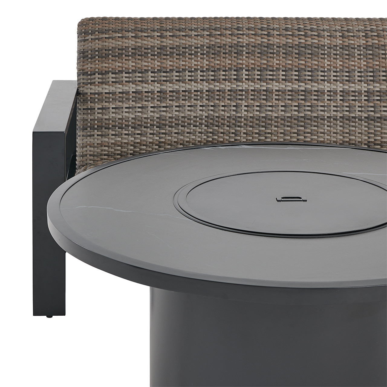 Chelsea Textured Black Aluminum and Weathered Teak Outdoor Wicker Concealed Cushions 4 Piece Swivel Loveseat Group + 48 in. D Fire Pit Table