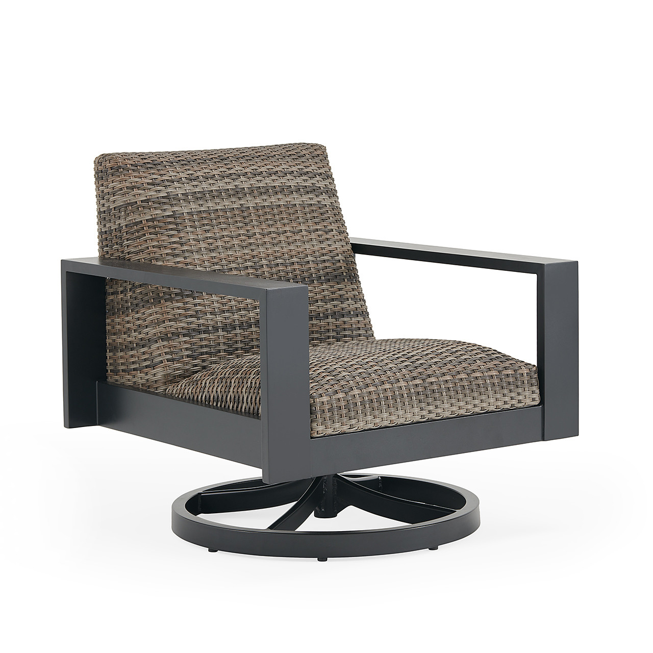 Chelsea Textured Black Aluminum and Weathered Teak Outdoor Wicker Concealed Cushions 4 Piece Swivel Loveseat Group + 48 in. D Fire Pit Table