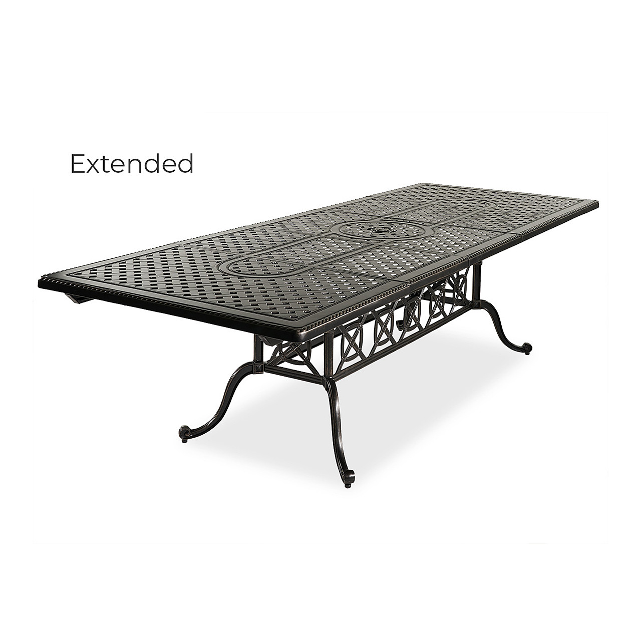 Florence Midnight Gold Cast Aluminum with Chestnut Outdoor Wicker 9 Piece Dining Set + 74-114 x 44 in. Double Extension Table
