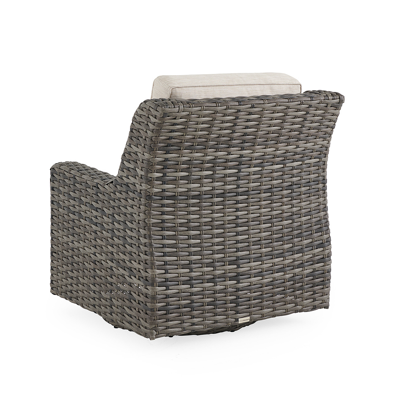 Tangiers Canola Seed Outdoor Wicker and Charmer Limestone Cushions 5 Piece Swivel Chat Set + 42 in. Sq. Fire Pit Table