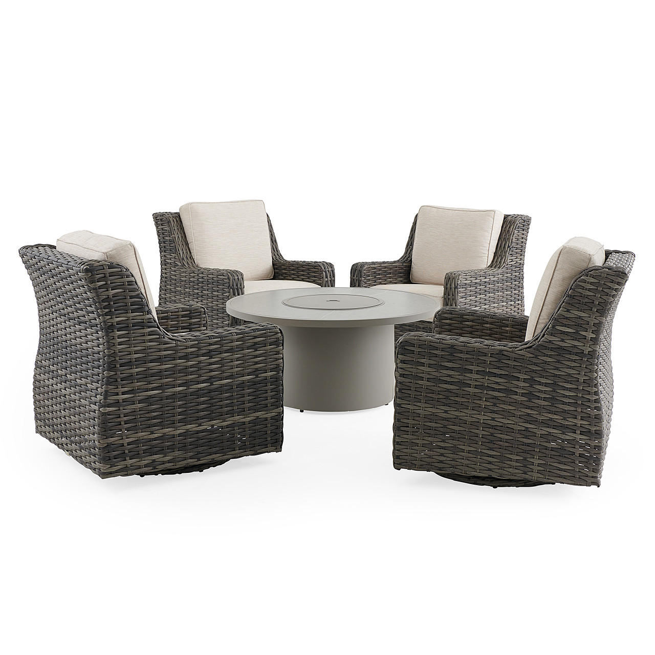 Tangiers Canola Seed Outdoor Wicker and Charmer Limestone Cushions 5 Piece Swivel Chat Set + 48 in. D Fire Pit Table