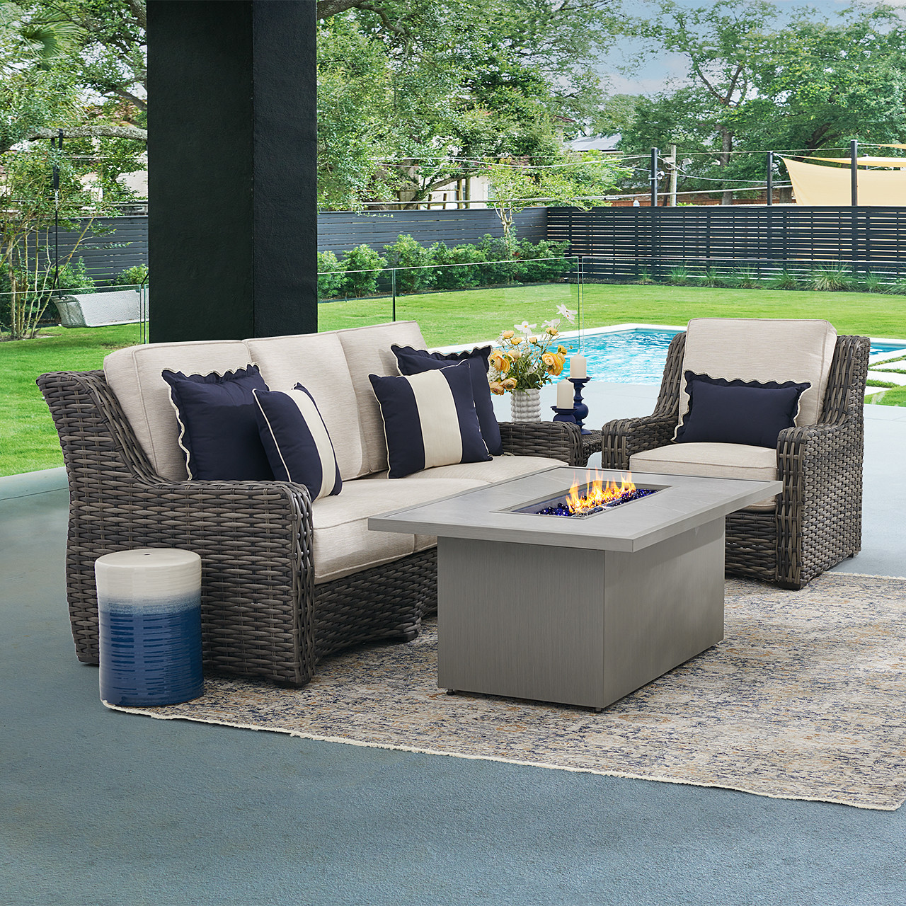 Tangiers Canola Seed Outdoor Wicker and Charmer Limestone Cushions 3 Piece Sofa Group + 52 x 32 in. Fire Pit Table