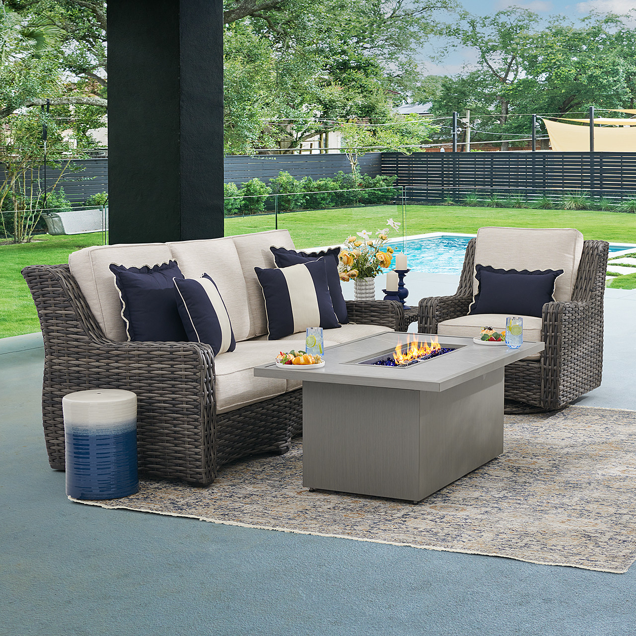 Tangiers Canola Seed Outdoor Wicker and Charmer Limestone Cushions 3 Piece Swivel Sofa Group + 52 x 32 in. Fire Pit Table