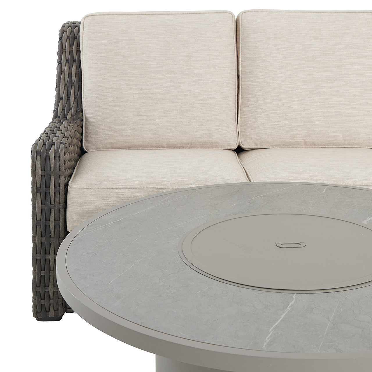 Tangiers Canola Seed Outdoor Wicker and Charmer Limestone Cushions 4 Piece Loveseat Group + 48 in. D Fire Pit Table