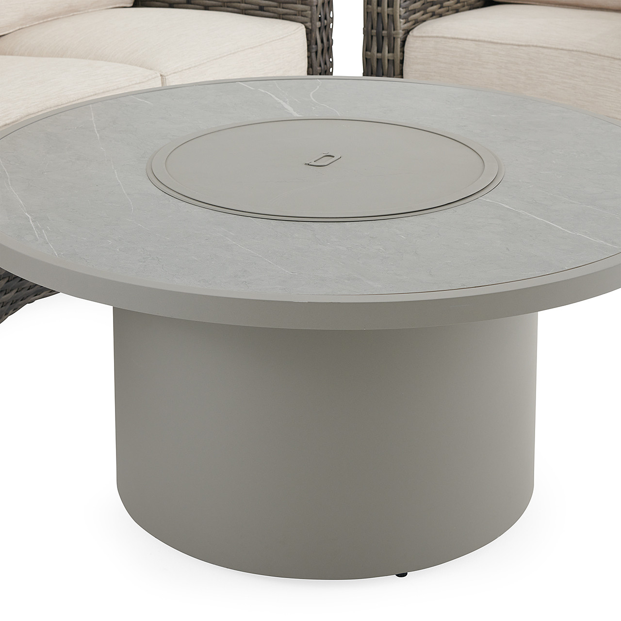 Tangiers Canola Seed Outdoor Wicker and Charmer Limestone Cushions 4 Piece Loveseat Group + 48 in. D Fire Pit Table