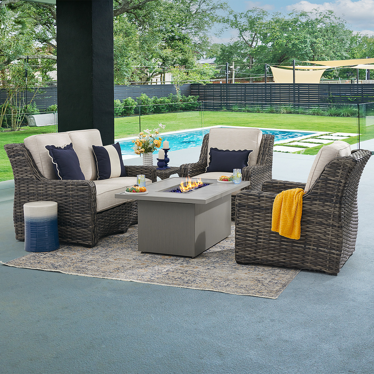 Tangiers Canola Seed Outdoor Wicker and Charmer Limestone Cushions 4 Piece Loveseat Group + 52 x 32 in. Fire Pit Table