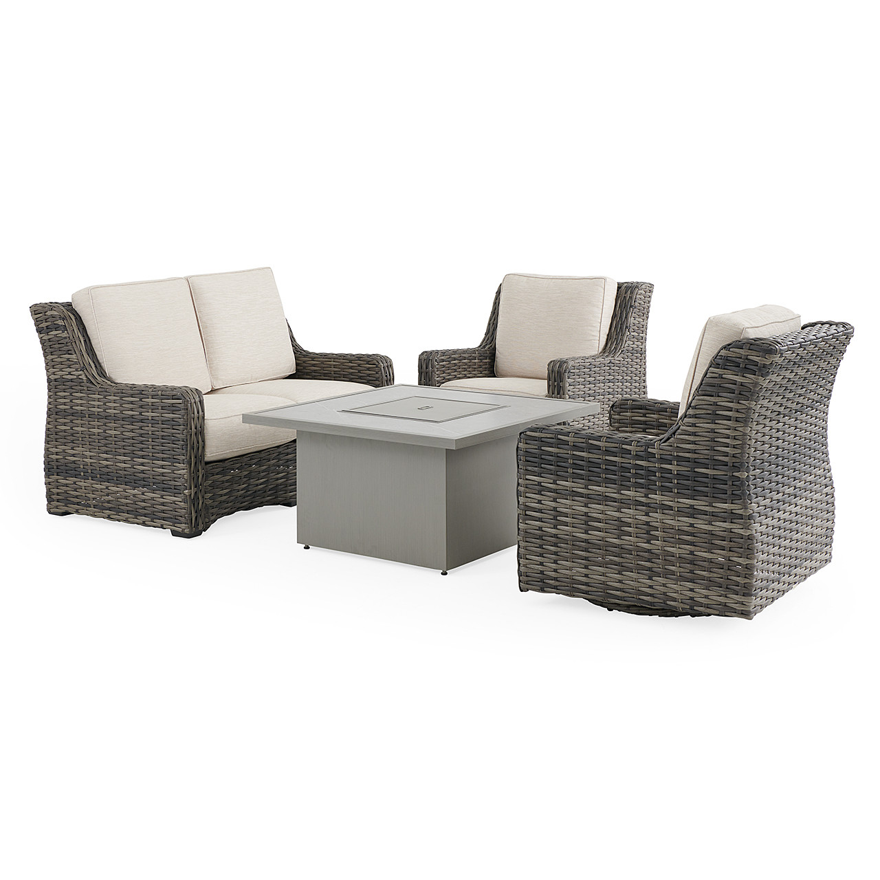 Tangiers Canola Seed Outdoor Wicker and Charmer Limestone Cushions 4 Piece Swivel Loveseat Group + 42 in. Sq. Fire Pit Table