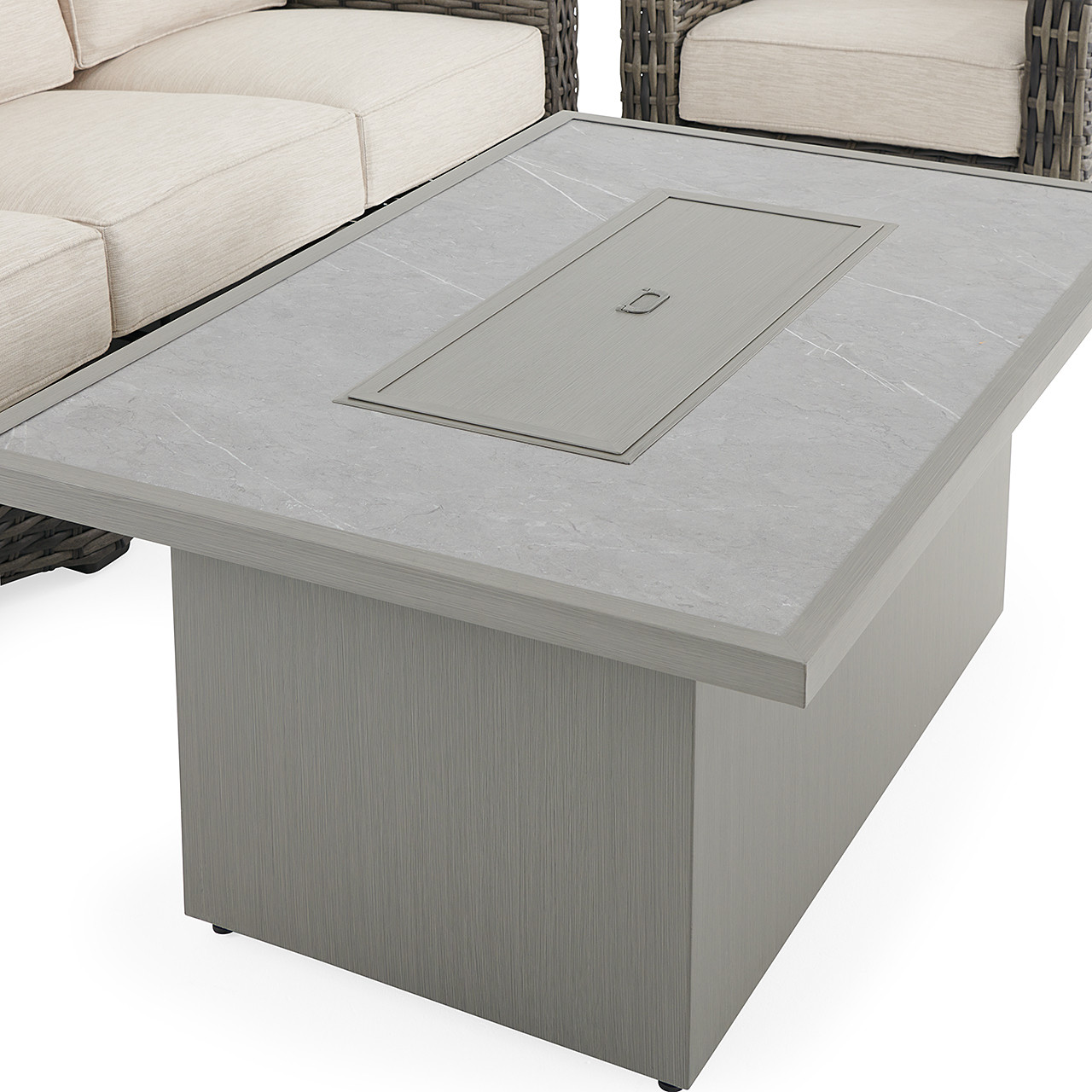 Tangiers Canola Seed Outdoor Wicker and Charmer Limestone Cushions 4 Piece Swivel Loveseat Group + 52 x 32 in. Fire Pit Table