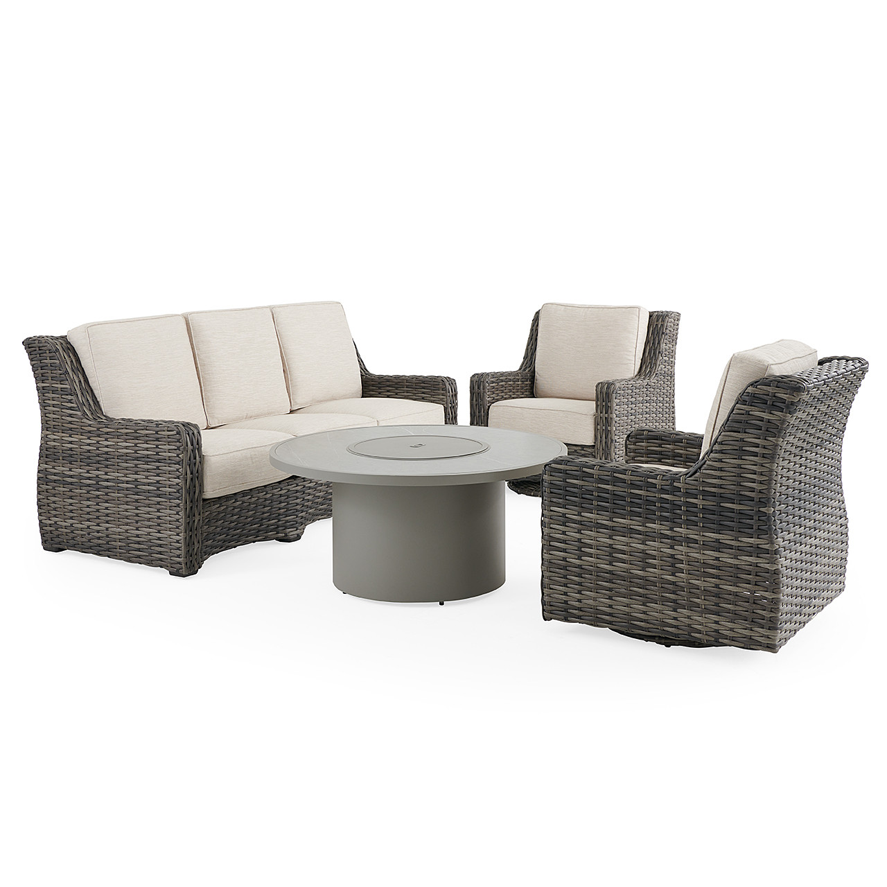 Tangiers Canola Seed Outdoor Wicker and Charmer Limestone Cushions 4 Piece Swivel Sofa Group + 48 in. D Fire Pit Table