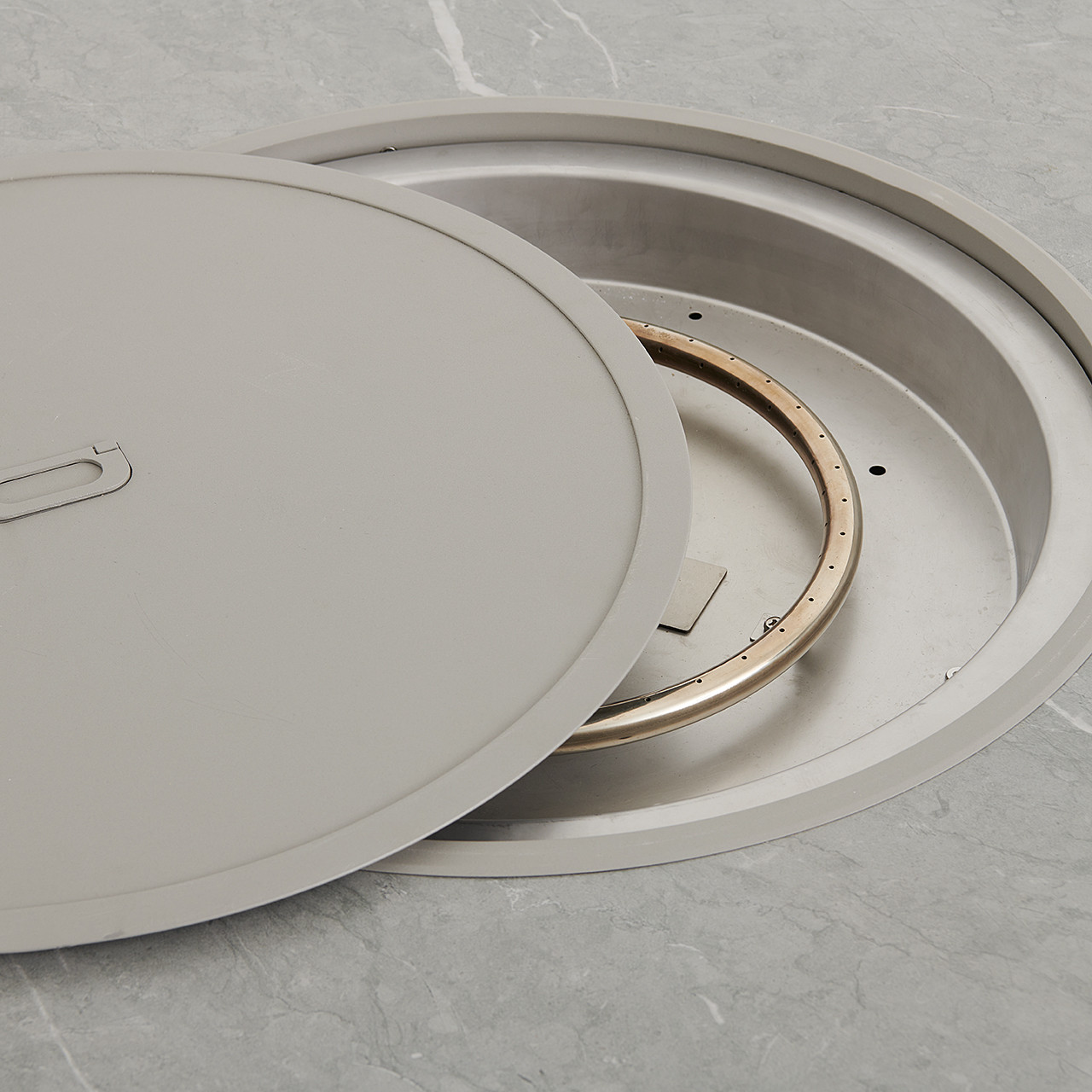 Tangiers Canola Seed Outdoor Wicker and Charmer Limestone Cushions 4 Piece Swivel Sofa Group + 48 in. D Fire Pit Table