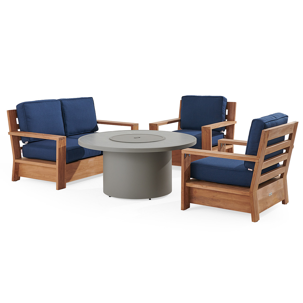 Castello Teak with Cushions 4 Piece Loveseat Group + 48 in. D Sintered Fire Pit