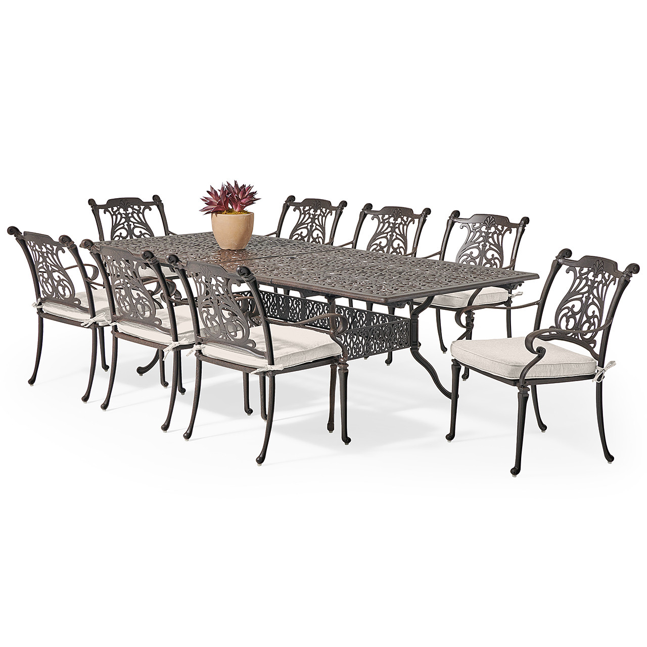 Naples Cast Aluminum with Cushions 9 Piece Dining Set + 71-103 x 44 in. Double Extension Table