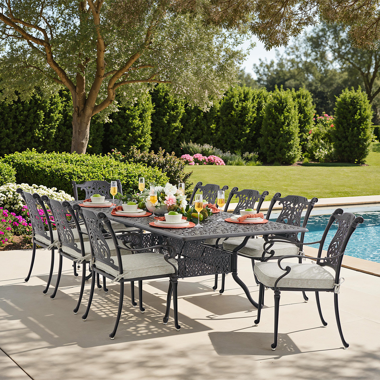 Naples Cast Aluminum with Cushions 9 Piece Dining Set + 71-103 x