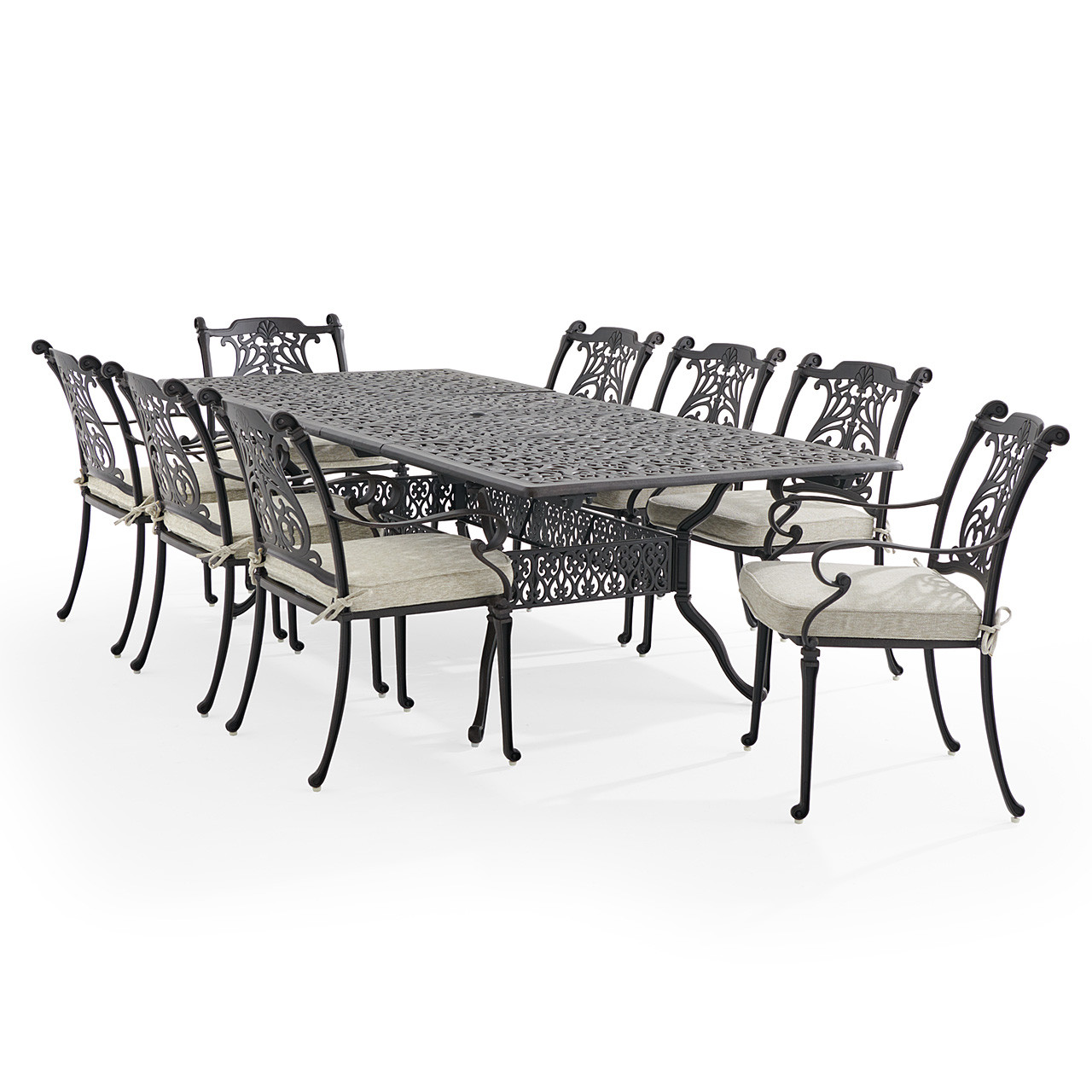 Naples Cast Aluminum with Cushions 9 Piece Dining Set + 71-103 x 44 in. Double Extension Table
