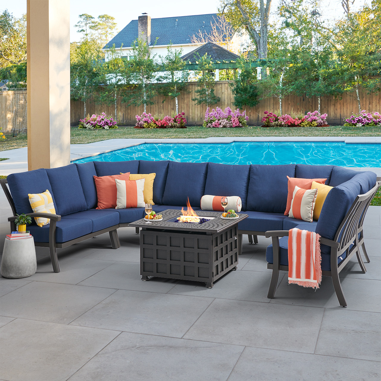 Fairmont Aged Bronze Aluminum with Cushions 8 Piece U-Shape Sectional + 42 in. Sq. Carlisle Fire Pit