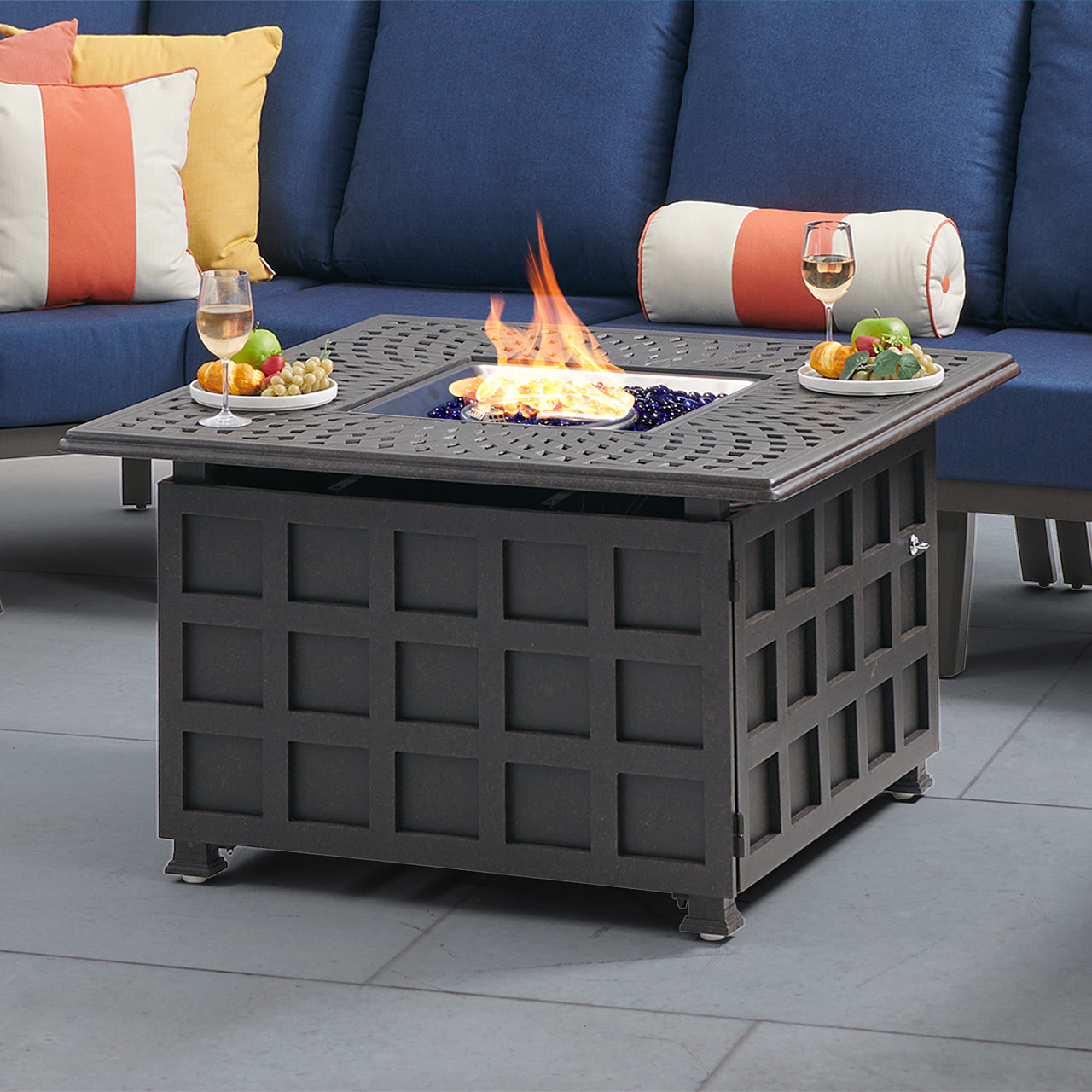 Fairmont Aged Bronze Aluminum with Cushions 8 Piece U-Shape Sectional + 42 in. Sq. Carlisle Fire Pit