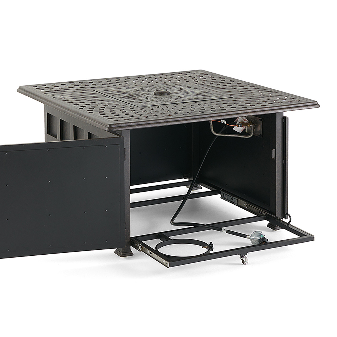 Fairmont Aged Bronze Aluminum with Cushions 8 Piece U-Shape Sectional + 42 in. Sq. Carlisle Fire Pit