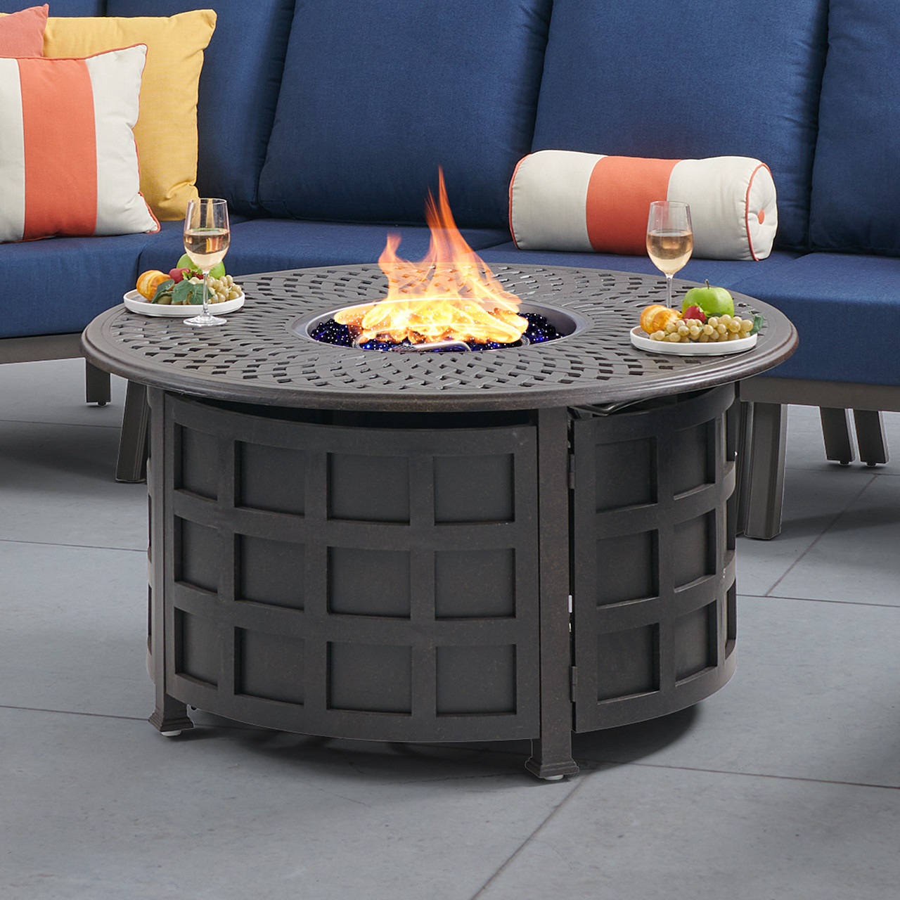 Fairmont Aged Bronze Aluminum with Cushions 8 Piece U-Shape Sectional + 48 in. D Carlisle Fire Pit