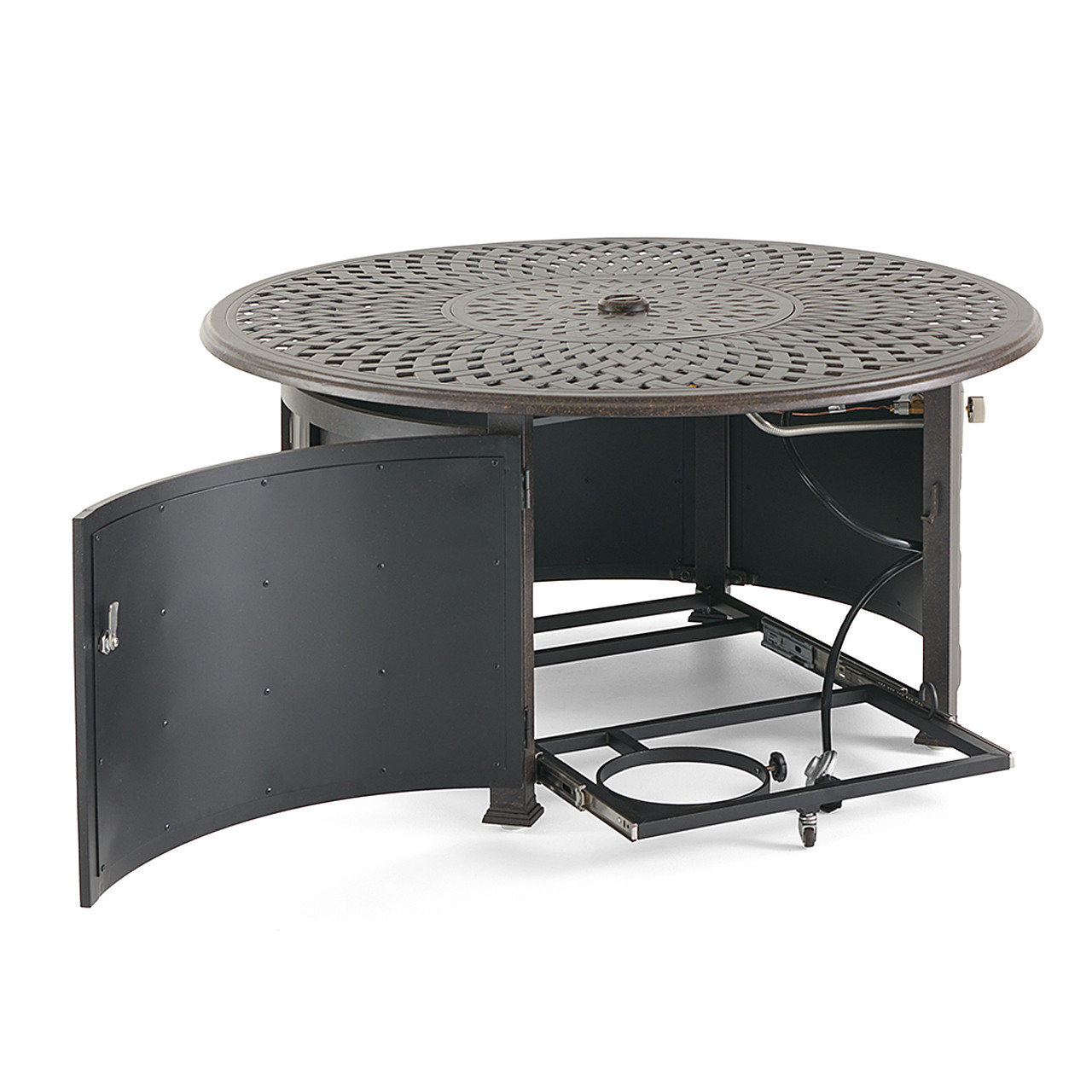 Fairmont Aged Bronze Aluminum with Cushions 8 Piece U-Shape Sectional + 48 in. D Carlisle Fire Pit