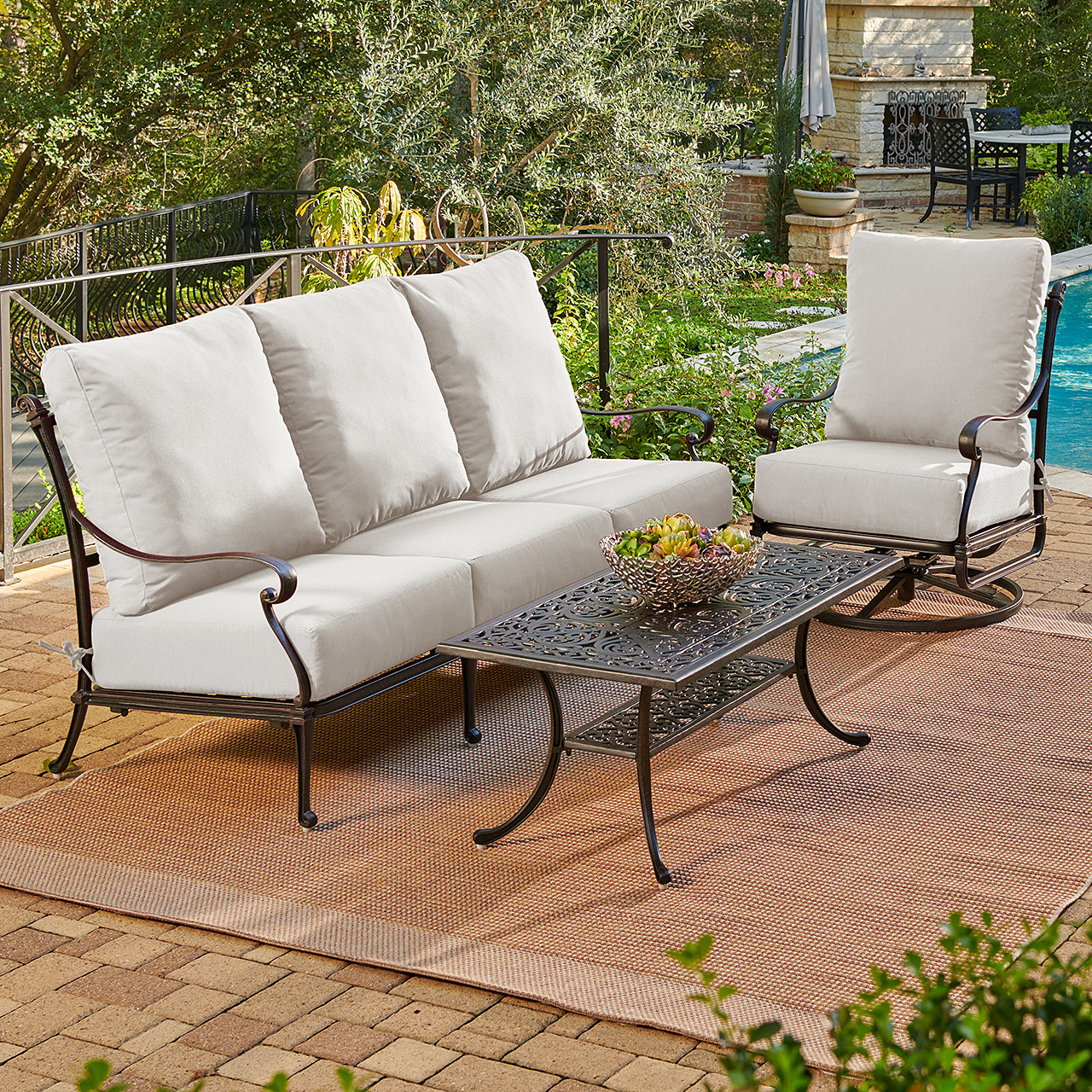 Naples Aged Bronze Cast Aluminum with Estate Cushions 3 Piece Swivel Sofa Group + 45 x 24 in. Coffee Table
