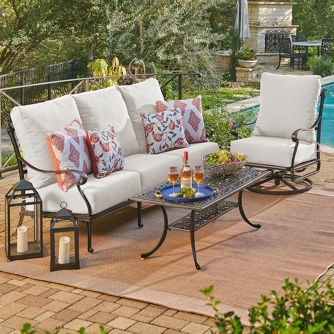 Naples Aged Bronze Cast Aluminum with Estate Cushions 3 Piece Swivel Sofa Group + 45 x 24 in. Coffee Table
