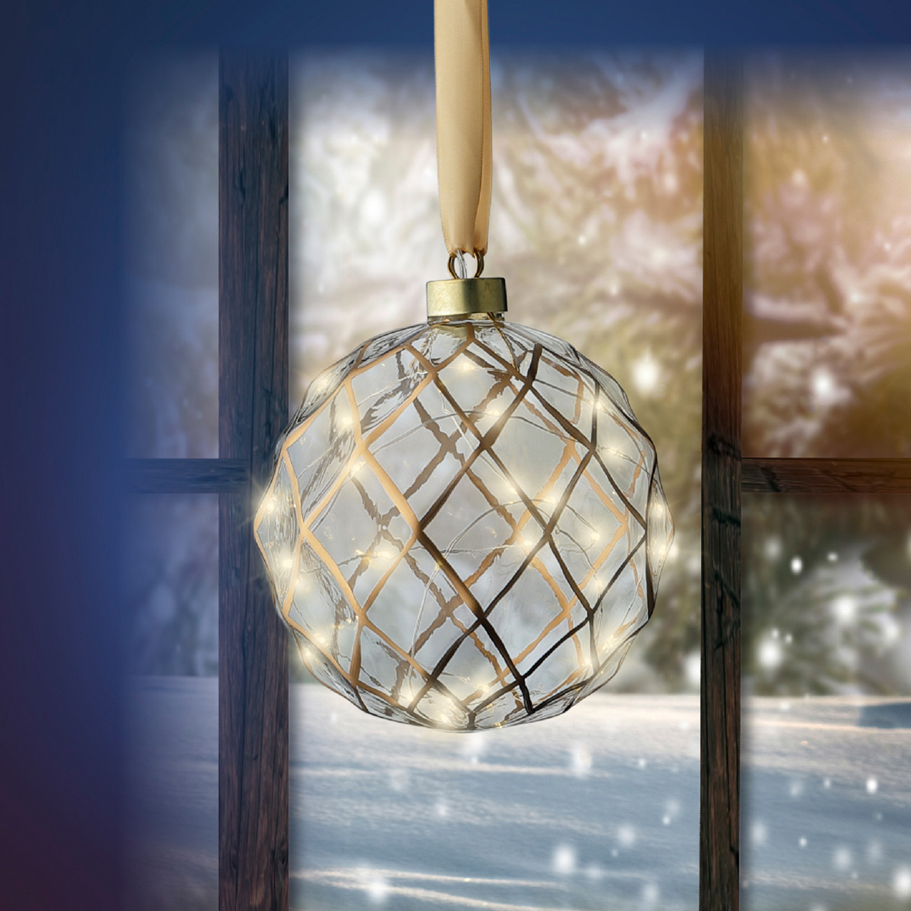 5.5 in. Gold and Diamond Glass Hanging Ball with 30 Micro LED Warm White Lights