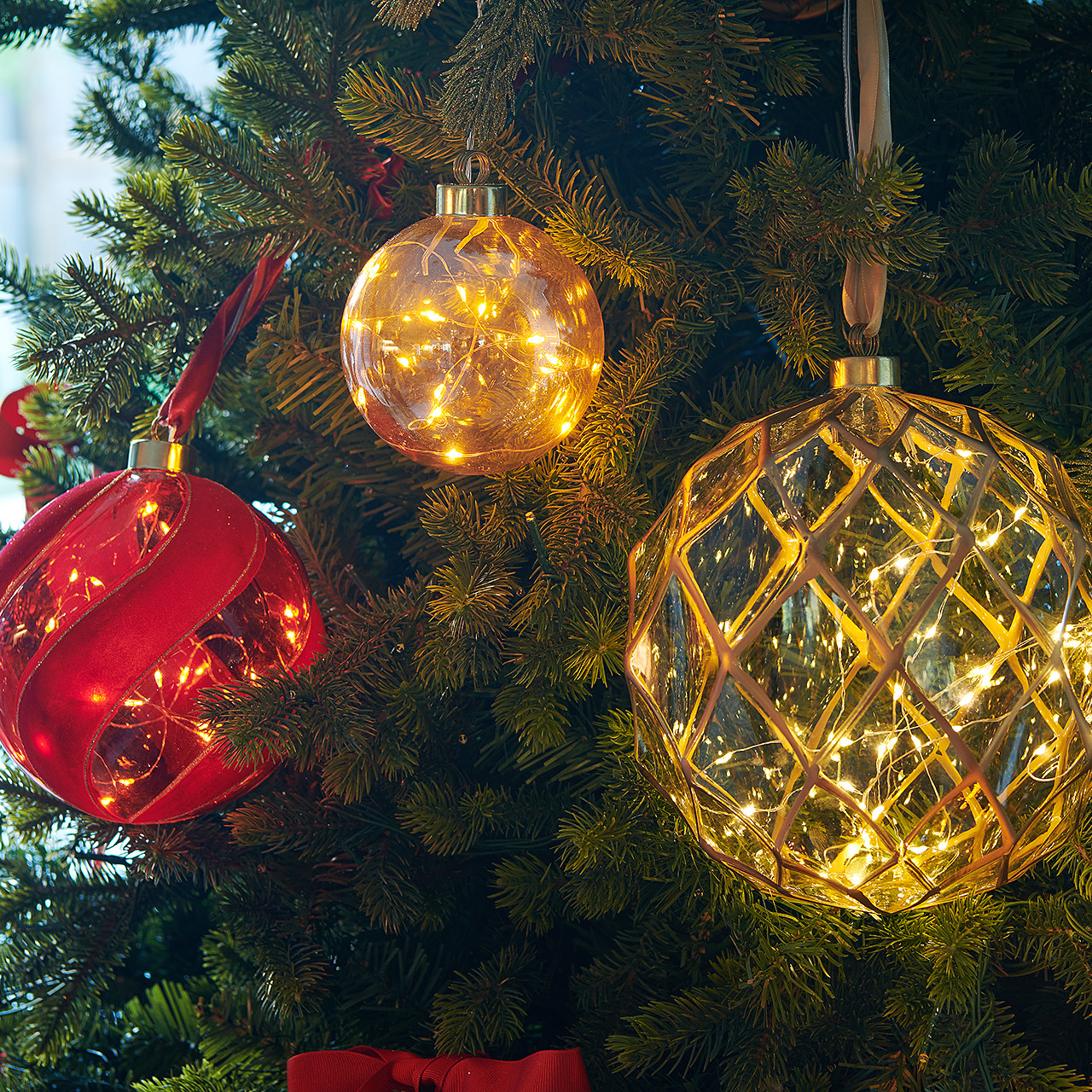 5.5 in. Red Velvet Glass Hanging Ball with 30 Micro LED Warm White Lights