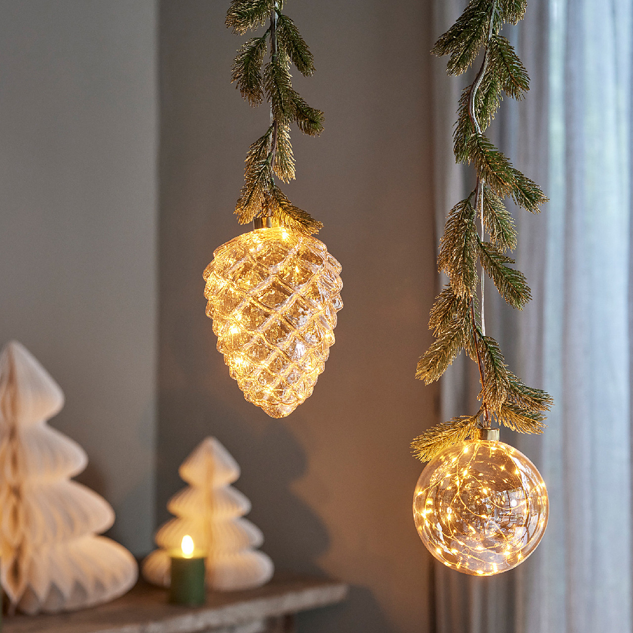 5.5 in. Amber Glass Hanging Ball Ornament with Garland with 30 Classic Warm White Lights