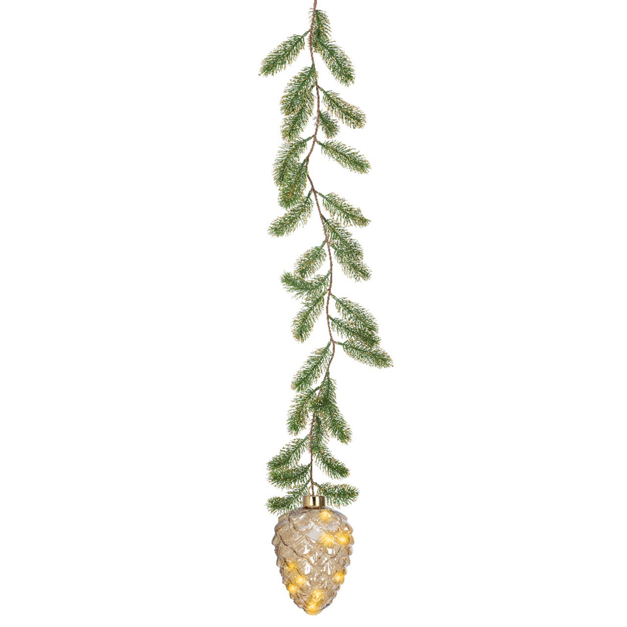 5.9 in. Amber Glass Hanging Pinecone Ornament with Garland with 15 Classic Warm White Lights