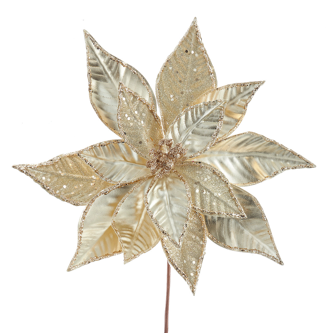 12 in. Champagne with Gold Glitter Poinsettia Pick