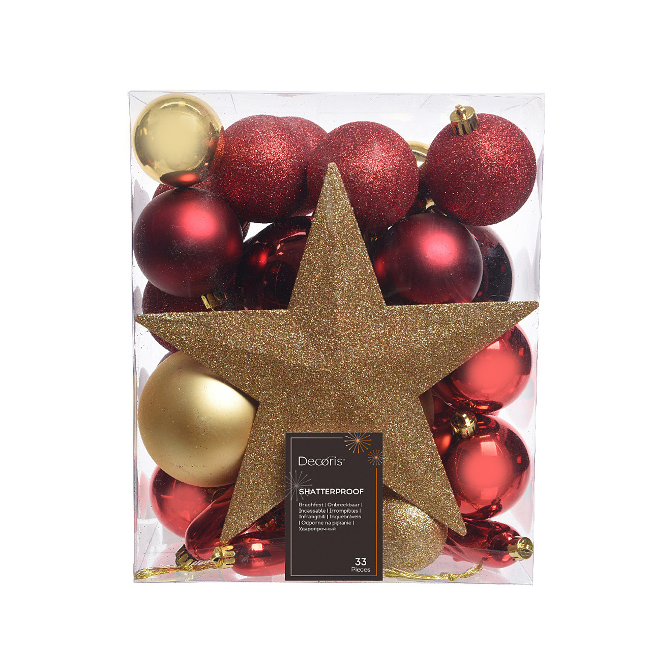 In-Store Only - Assorted Red and Gold Shatterproof Christmas Ornaments with Gold Star Tree Topper, Set of 33