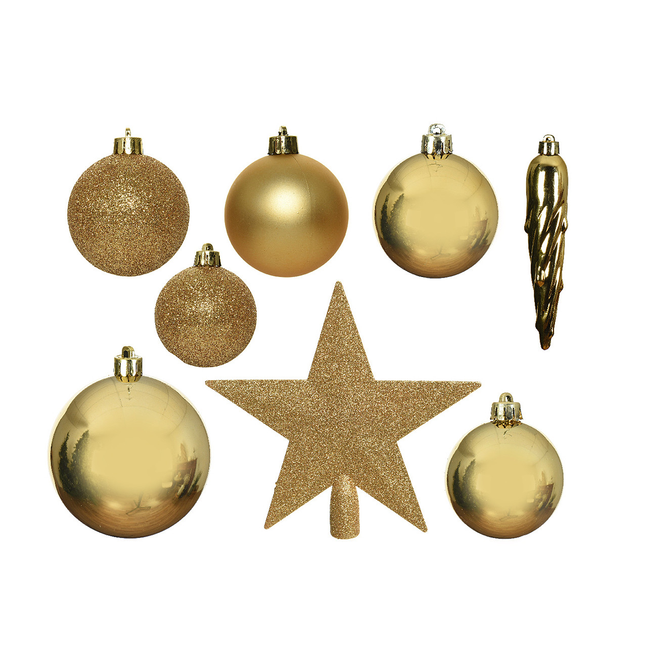 In-Store Only - Assorted Gold Shatterproof Christmas Ornaments with Gold Star Tree Topper, Set of 33