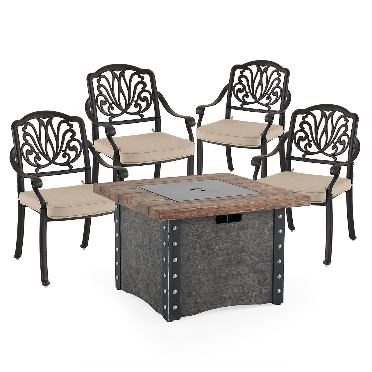 Cadiz Aged Bronze Cast Aluminum with Cushions 5 Piece Chat Set + 34.5 in. Sq. Fire Pit Coffee Table