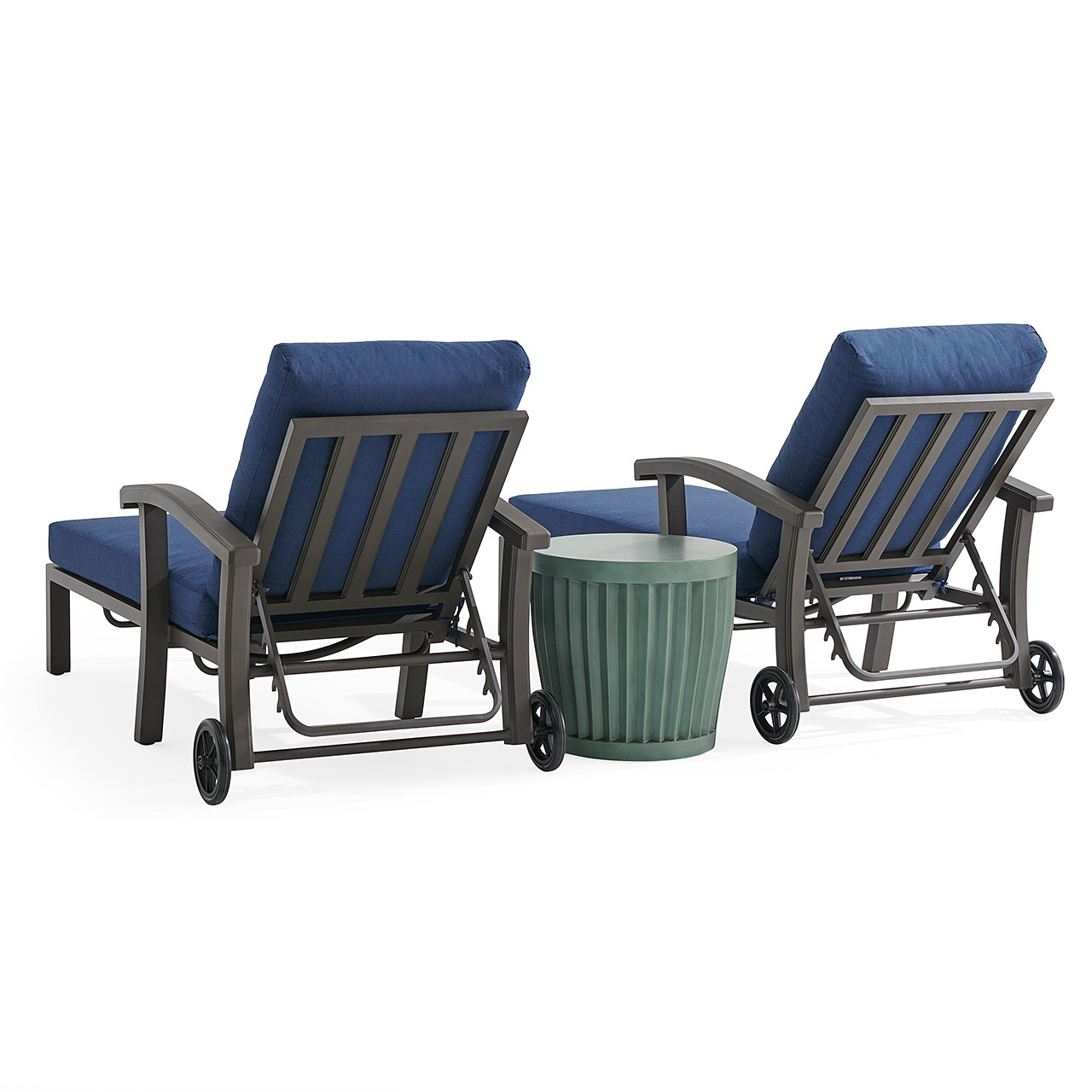 Fairmont Aged Bronze Aluminum with Cushions 3 Piece Chaise Lounge Set + Sea Glass 20 in. D Fluted Side Table