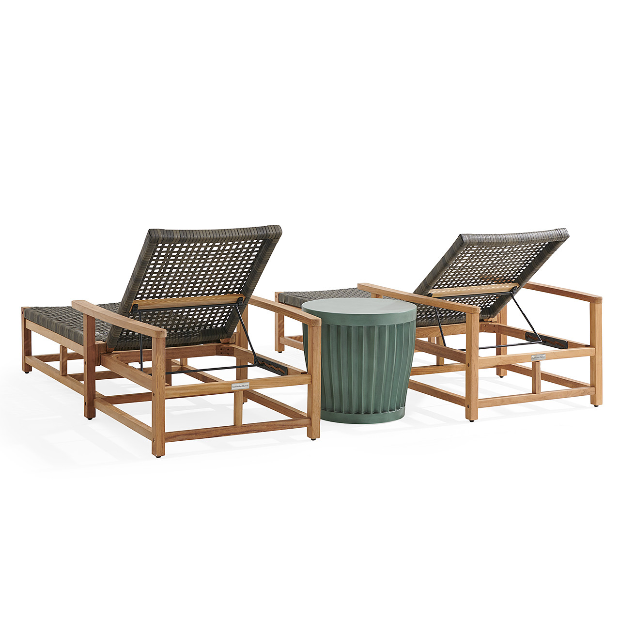 Hampton Driftwood Outdoor Wicker and Solid Teak 3 Piece Chaise Lounge Set + 20 in. D Sea Glass Concrete Fluted Side Table