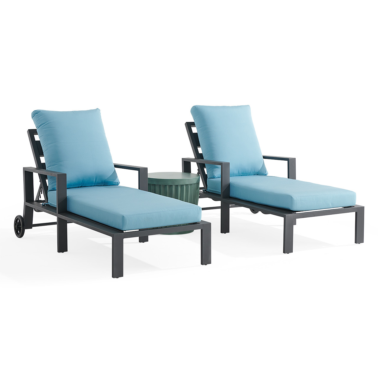 Montecito Charcoal Aluminum with Cushions 3 Piece Chaise Lounge Set + Sea Glass 20 in. D Fluted Side Table