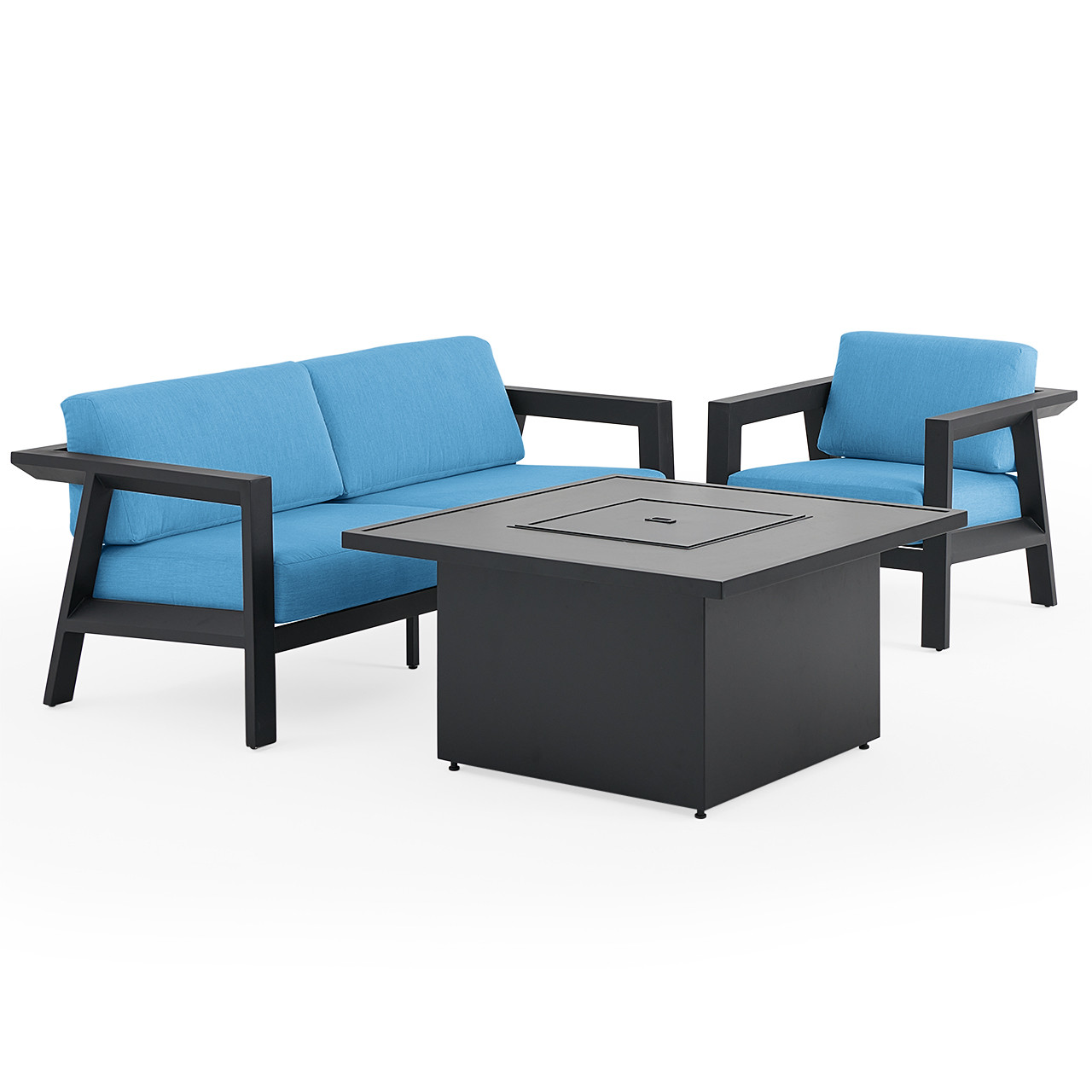 St. Lucia Midnight Aluminum with Canvas Sky Blue Cushions 3 Piece Sofa Group + 42 in. Sq. Fire Pit Table St. Lucia Midnight Aluminum with Canvas Sky Blue Cushions 3 Piece Sofa Group + 42 in. Sq. Fire Pit Table