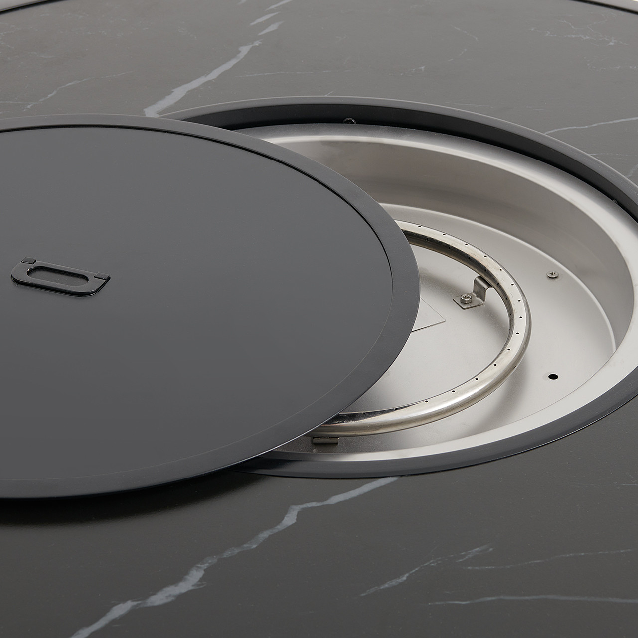 St. Lucia Midnight Aluminum with Canvas Sky Blue Cushions 3 Piece Sofa Group + 48 in. D Fire Pit Table St. Lucia Midnight Aluminum with Canvas Sky Blue Cushions 3 Piece Sofa Group + 48 in. D Fire Pit Table