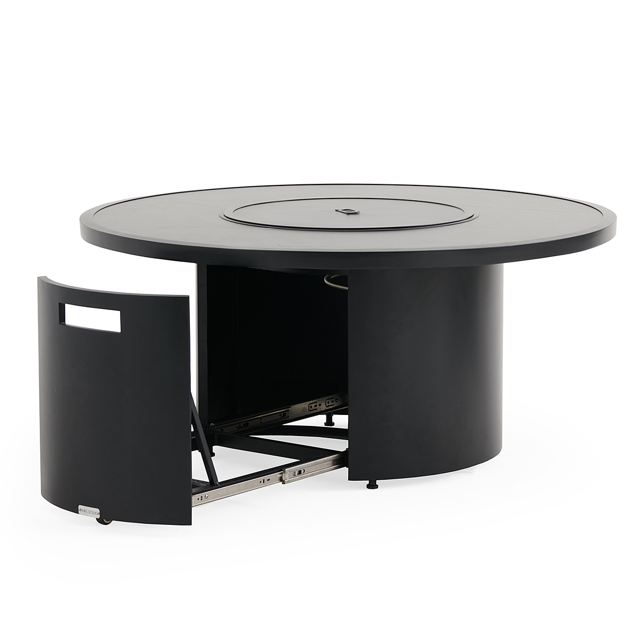 St. Lucia Midnight Aluminum with Canvas Sky Blue Cushions 3 Piece Swivel Sofa Group + 48 in. D Fire Pit Table St. Lucia Midnight Aluminum with Canvas Sky Blue Cushions 3 Piece Swivel Sofa Group + 48 in. D Fire Pit Table