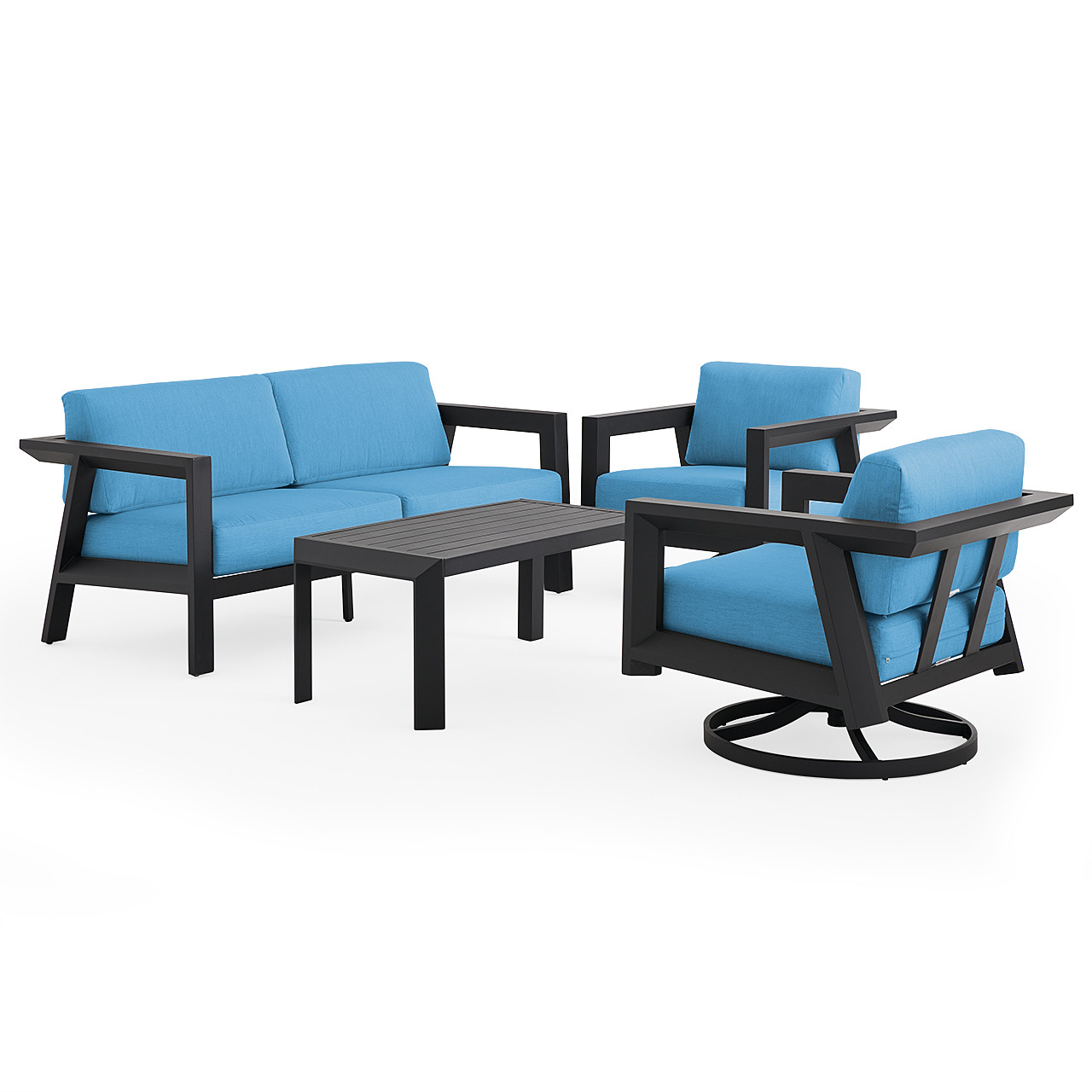 St. Lucia Midnight Aluminum with Canvas Sky Blue Cushions 4 Piece Swivel Sofa Group + 43 x 22 in. Coffee Table