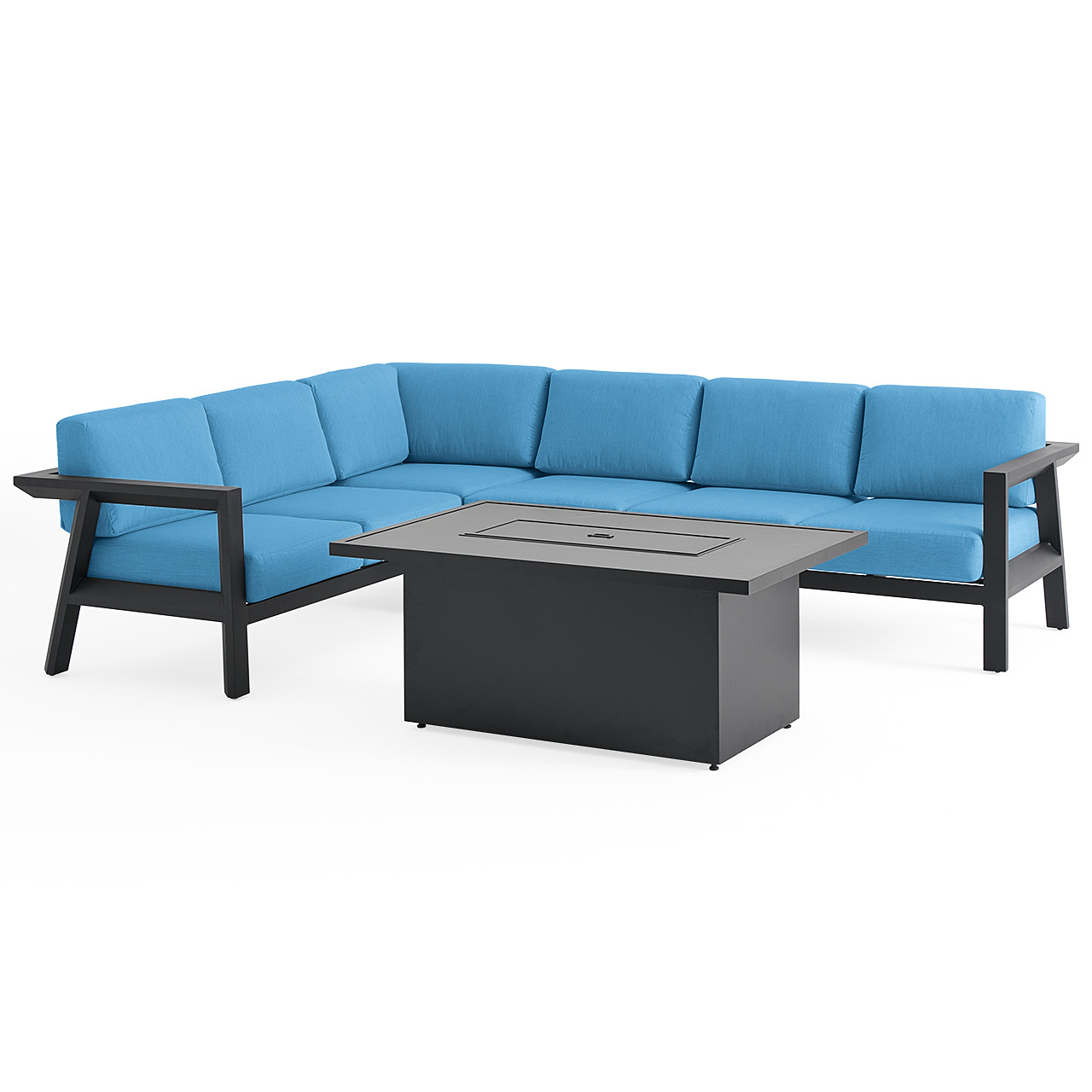 St. Lucia Midnight Aluminum with Canvas Sky Blue Cushions 5 Piece Sectional Group + 52 x 32 in. Fire Pit Table St. Lucia Midnight Aluminum with Canvas Sky Blue Cushions 5 Piece Sectional Group + 52 x 32 in. Fire Pit Table