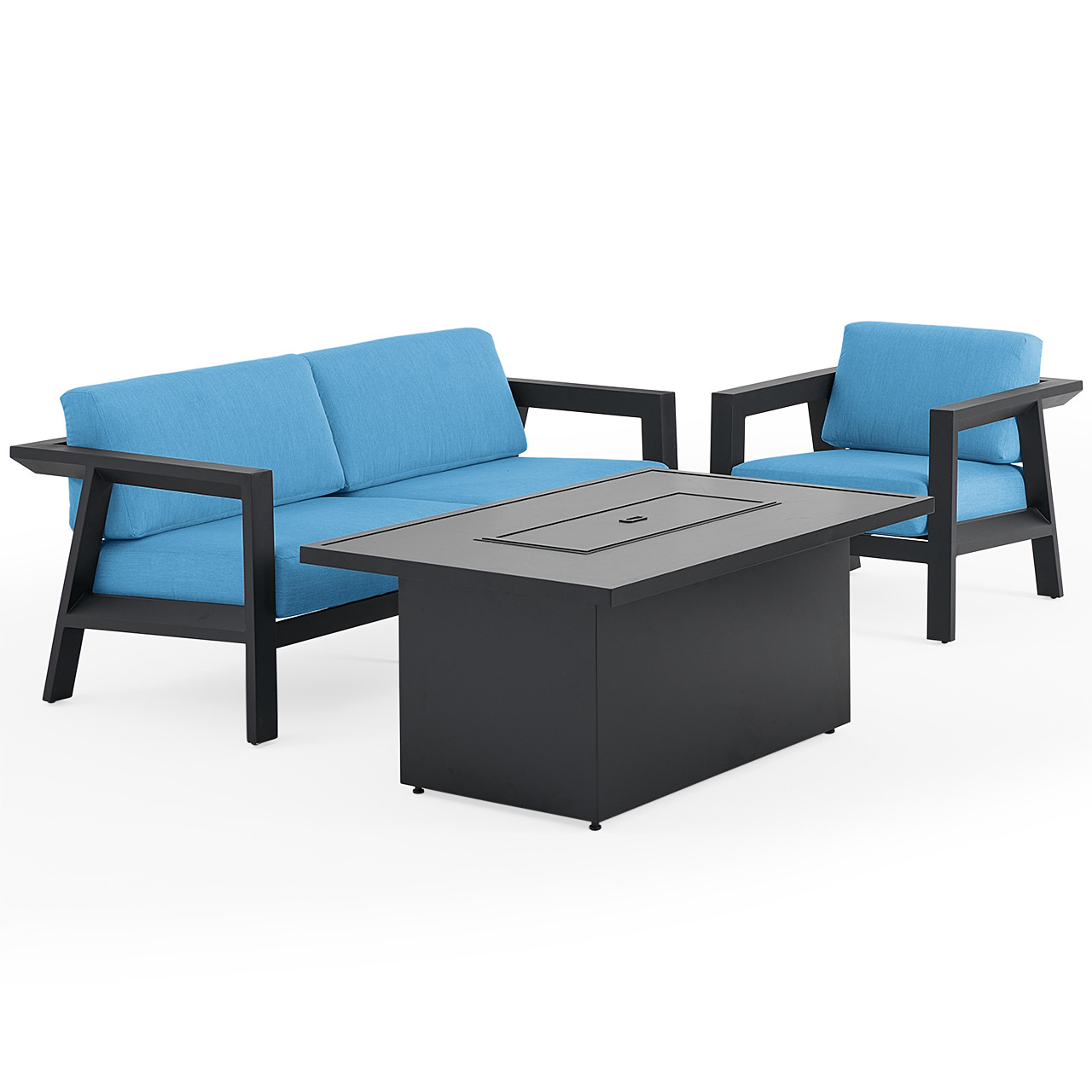 St. Lucia Midnight Aluminum with Canvas Sky Blue Cushions 3 Piece Sofa Group + 52 x 32 in. Fire Pit Table