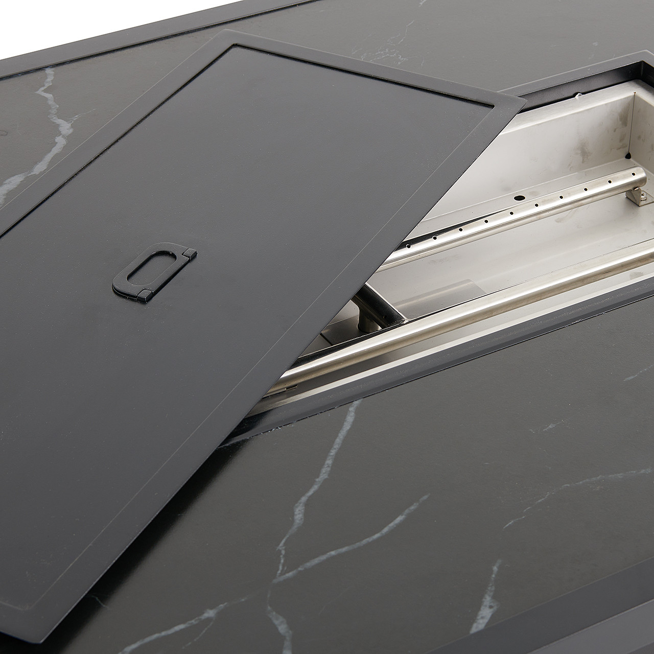 St. Lucia Midnight Aluminum with Canvas Sky Blue Cushions 3 Piece Swivel Sofa Group + 52 x 32 in. Fire Pit Table