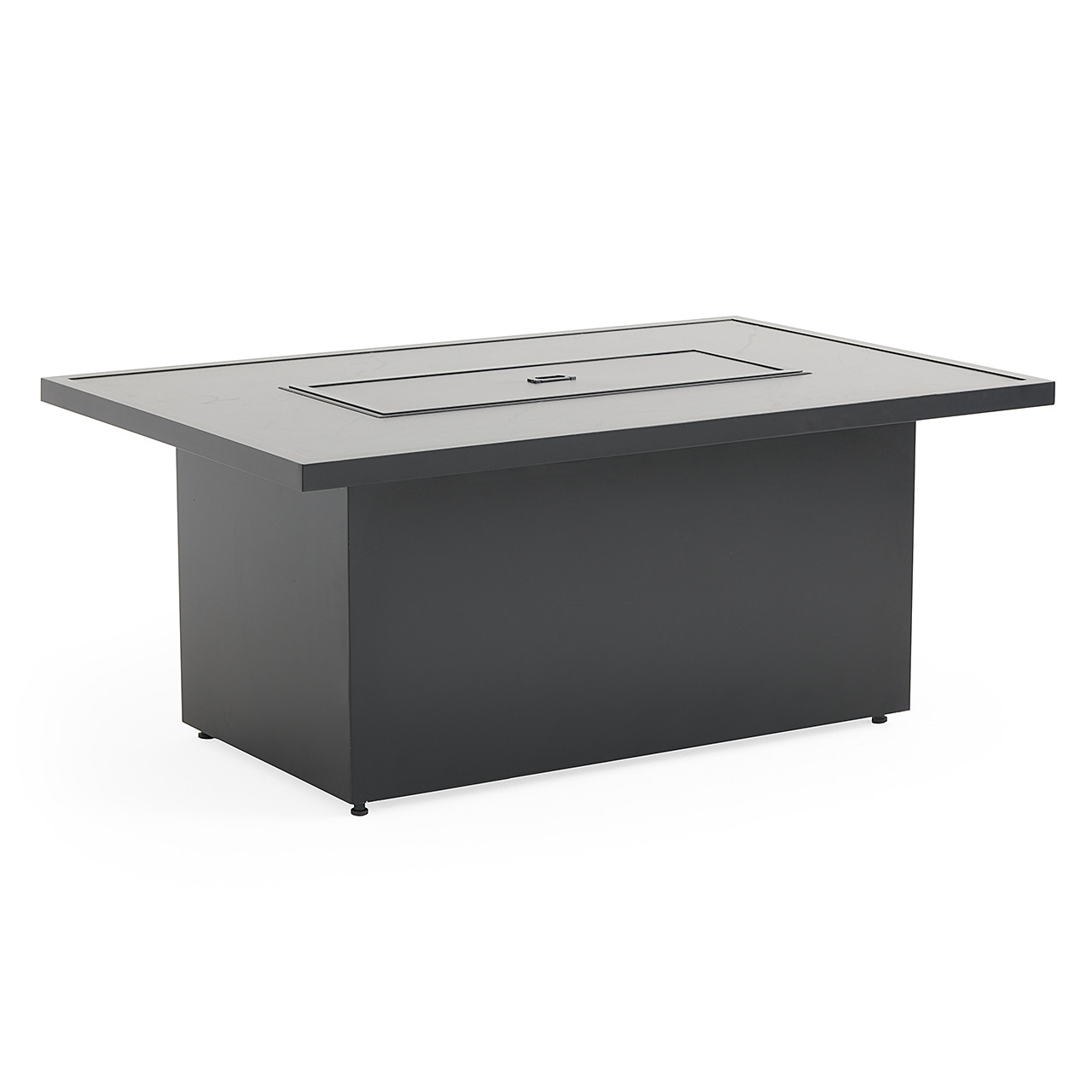 St. Lucia Midnight Aluminum with Canvas Sky Blue Cushions 4 Piece Sofa Group + 52 x 32 in. Fire Pit Table