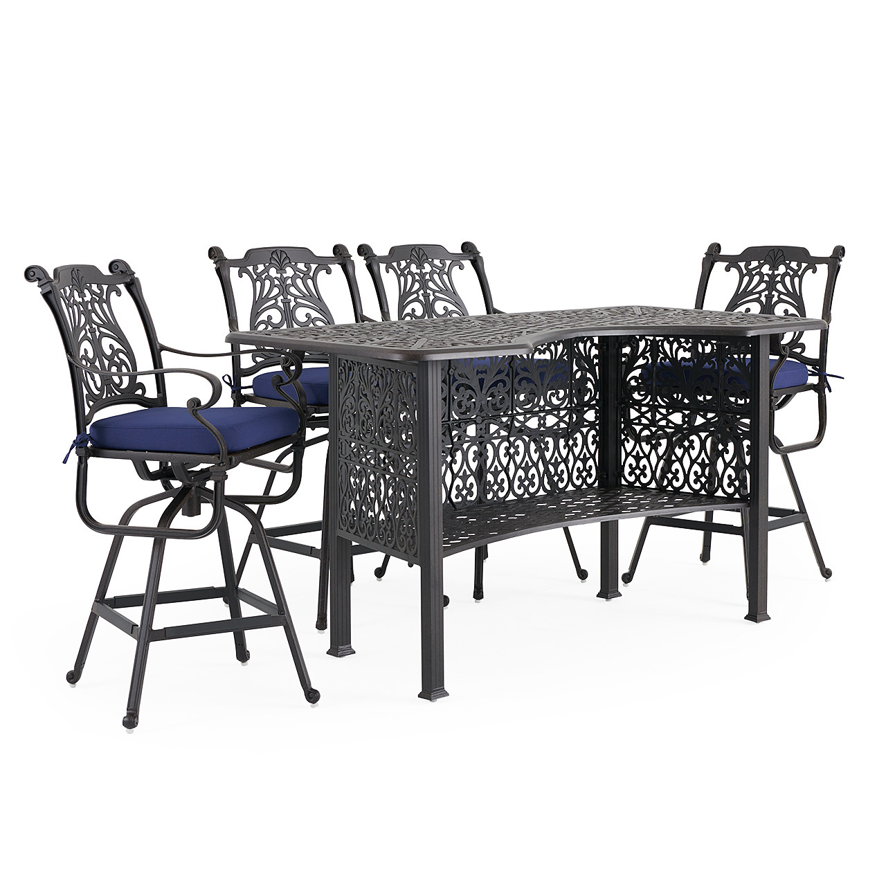 Naples Aged Bronze Cast Aluminum with Cushions 5 Piece Bar Set + 72 x 36 in. Party Table