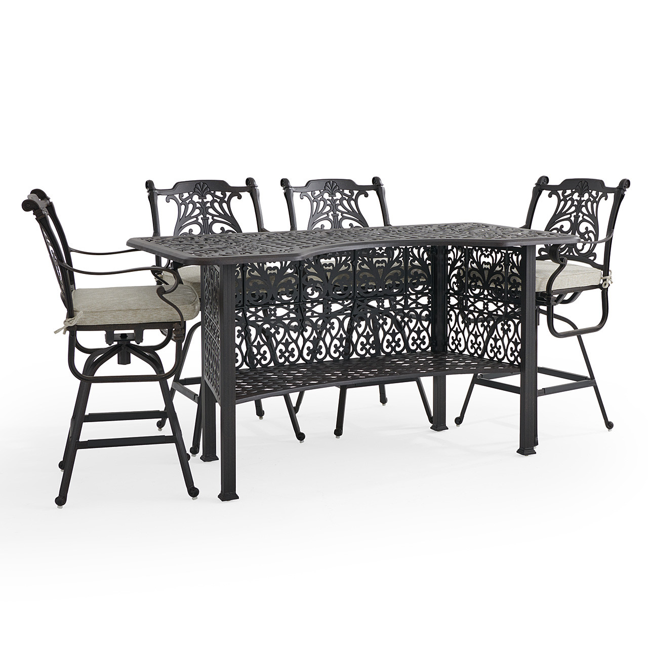 Naples Aged Bronze Cast Aluminum with Cushions 5 Piece Bar Set + 72 x 36 in. Party Table
